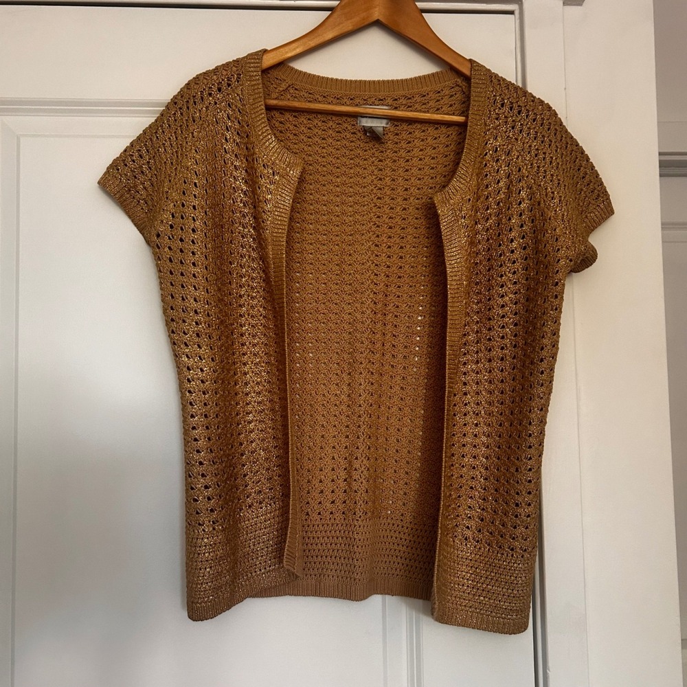 Chicos Old Money Preppy Metallic Open Knit Cardigan Vest Womens 0 Coastal Boho